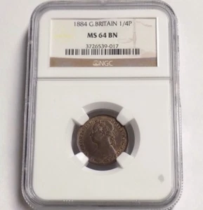 GREAT BRITAIN 1884 FARTHING 1/4P NGC MS 64 BN MS64 British UNC Certified Coin  - Picture 1 of 6