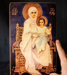 Handcrafted Wooden Icon "Our Lady On The Throne" Religious Artwork on Wood 29*18 - Picture 1 of 6