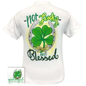 Girlie Girl Originals Preppy Not Lucky Just Blessed Shamrock Irish T-Shirt - Picture 1 of 10
