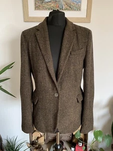 Zara Brown Lambswool Wool Tweed Hacking Jacket Blazer Elbow Patches - Small - Picture 1 of 15