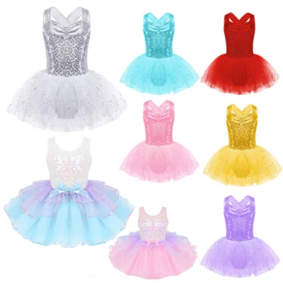 UK Girls Sequins Dance Dress Crisscross Back Unitard Tulle Tutu Ballet Skirt - Image 1 of 2