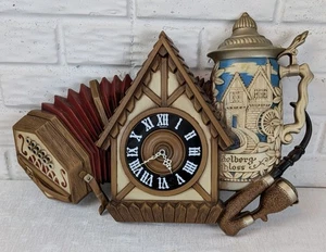 New Haven German Alpine Chalet Heidelberg Schloss Beer stein Accordion Clock 19" - Picture 1 of 9