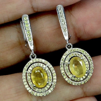925 Orecchini Argento Sterling Ovale Giallo Zaffiro 8x6mm Zaffiro Preziosa - Immagine 1 di 4