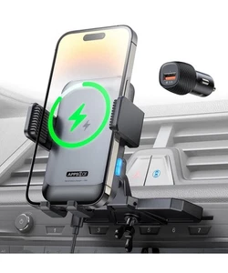 Wireless Car Charger Mount CD Slot Auto Clamping 15W Fast Charging CD Phone NEW - Picture 1 of 9