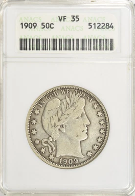 ПОЛДОЛЛАРА ЦИРЮЛЬНИКА 1909 ~ ХОРОШИЙ СТАРЫЙ ДЕРЖАТЕЛЬ ANACS ~ VF35! - Изображение 1 из 2