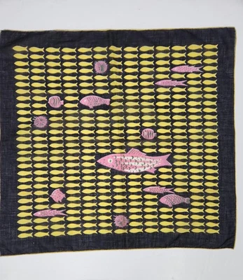 Vintage Tammis Keefe Scarf Black With Yellow & Pink Fish & Sea Urchins Signed - Image 1 of 4