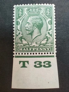 GB KGV 1924-26 1/2d Green. SG418. Control number T33. Mounted Mint. - Picture 1 of 2
