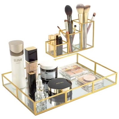 EQEY Gold Metal Frame and Glass Vanity Tray Set, Large Decorative Platform fo... - Image 1 of 4