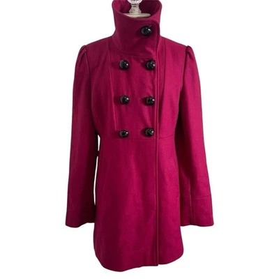 Guess Medium Magenta Pea Coat Wool Blend Cute Accents High Collar Mid Length - Image 1 of 4
