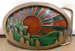 Vintage 1977 Indiana Metal Craft Enameled Sunrise Mountains Brass Belt Buckle - Picture 1 of 5