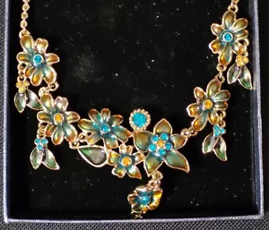Vintage Aqua Rhinestone Necklace Goldtone Metal Flower Design 1950s Retro NIB - Picture 1 of 7