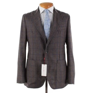 Luciano Barbera NWT 100% Wool Sport Coat Size 54 (44 US) In Brown w/ Blue Plaid - Picture 1 of 10