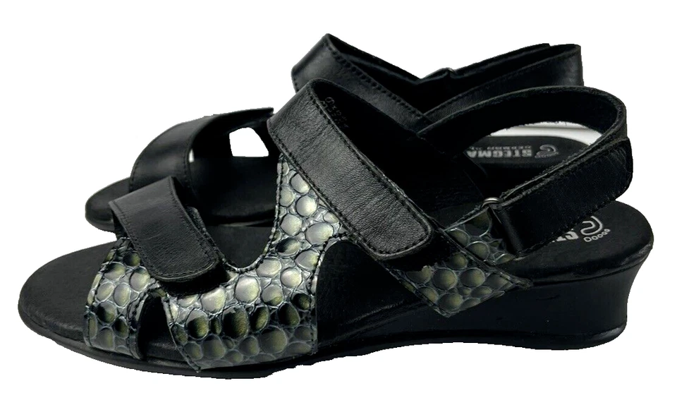 Sandalias para mujer Stegmann Nala de cuero con estampado animal negro y verde talla 39 Foto 1 de 4