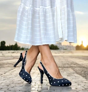 DOLCE & GABBANA Black Satin Polka Dot Slingback Pointed Toe Pumps, Size 37 - Picture 1 of 14