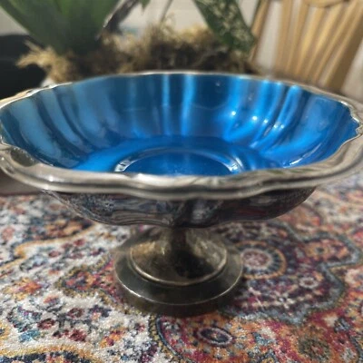 Plato de plata vintage Rogers esmalte azul pedestal compota plato de caramelo decoración Foto 1 de 4