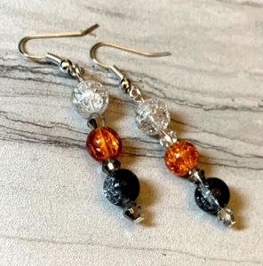 Halloween Fall Crackle Glass Dangle Earrings Orange, Black, Clear White 2.25" - Picture 1 of 5