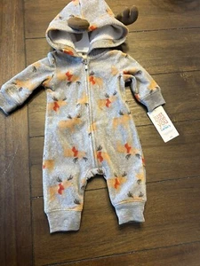Carter's JUST ONE YOU Baby soft Fleece ONE-PIECE Hooded Gray Brown Moose NB B56 - Picture 1 of 1