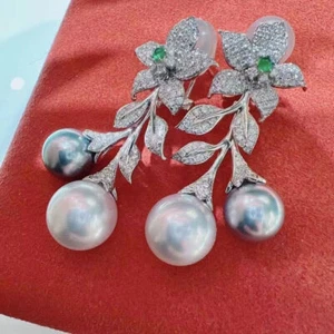 Stunning Pair Of 9-10mm 10-11mm South Sea White Grey Pearl Dangle Earring 925s - Picture 1 of 3