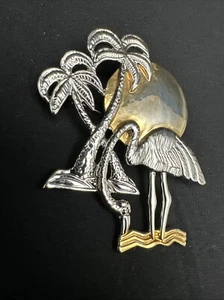 MJ Signed Flamingo Sun Palm Tree Gold Silver Tone Brooch Pin Pendant - Picture 1 of 9