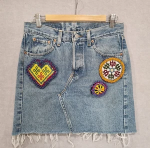 LEVIS UPCYCLED Low Rise Denim Skirt 30 Blue Denim Mini A line cut off Button Fly - Picture 1 of 14