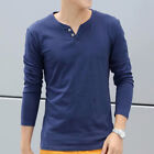 Mens Plain Muscle Long Sleeve T-Shirt Gym Slim Fit Button V Neck Blouse Top Tee