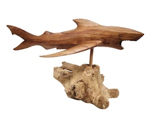 WOOD ART LG Hand Carved Ocean MACO Shark on Parasite Wood Coral Nautical Decor - Picture 1 of 5