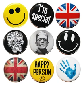 1" (25mm) Set of 9 Cool Button Badge Pins /Smileys/Skulls/Union Jack - High Qual - Foto 1 di 4