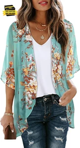 Women'S Floral Print Puff Sleeve Kimono Cardigan Loose Cover up Casual Blouse To - Picture 1 of 5