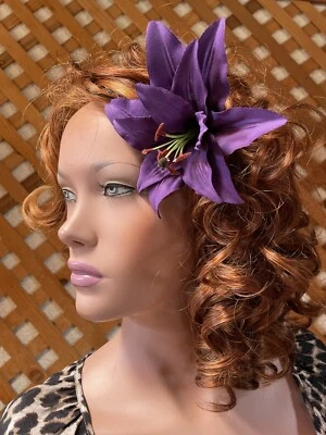 Handmade Artisan PURPLE Fabric LILY Floral PINUP Style VLV Rockabilly HAIR CLIP - Image 1 of 4