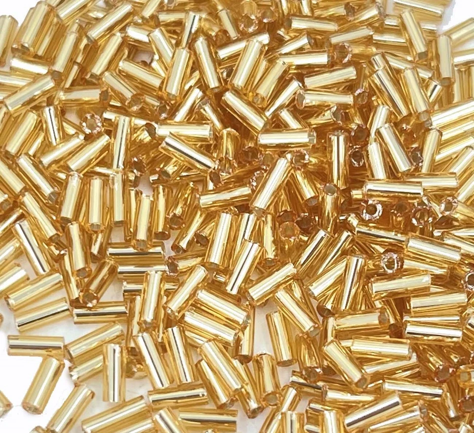 500 pcs Glass Bugle Beads Plated Metallic Goldenrod tube cylinder Seeds 4 - 5mm - Image 1 of 4