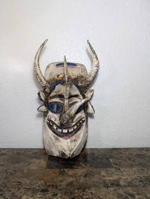 Vintage Hand Carved Wood Mask Face Painted And Carved Artwork Demon Wall Decor - Image 1 of 4