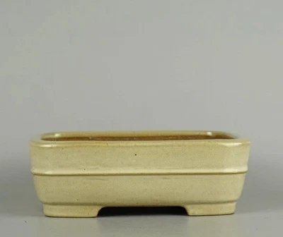 Japanese TOKONAME bonsai pot YAMAFUSA sign Beige glazed Belt Rctgl w7.5" *167 11 - Image 1 of 4