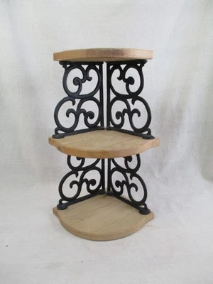 3 Tier Black Cast Iron Natural Wood Corner Wall Hanging/Table Top Shelf 15" H - Image 1 of 4