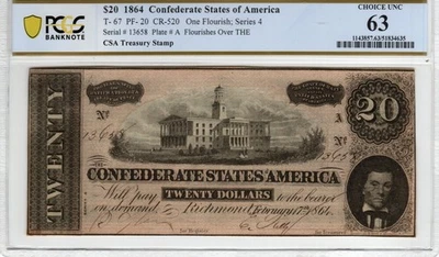 T-67 PF-20 1864 $20 Confederate Paper Money - PCGS-B Choice Uncirculated 63! - Image 1 of 2
