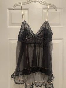Victoria's Secret Vintage Babydoll Sheer Black Lace Slip Lingerie L - Picture 1 of 6