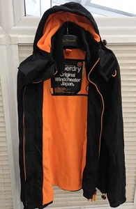 Mens XXL Superdry Black & Orange Hooded Windcheater Coat. Very Good Condition. - Picture 1 of 11