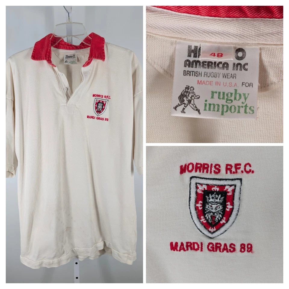Camisa de Rugby Morris RFC 1989 Torneo de Mardi Gras Golpeada Blanca Roja 48 Foto 1 de 4