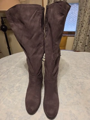 Tall Gray Faux Suede Heeled Boots 8 Wide Calf Plus Size - Image 1 of 4