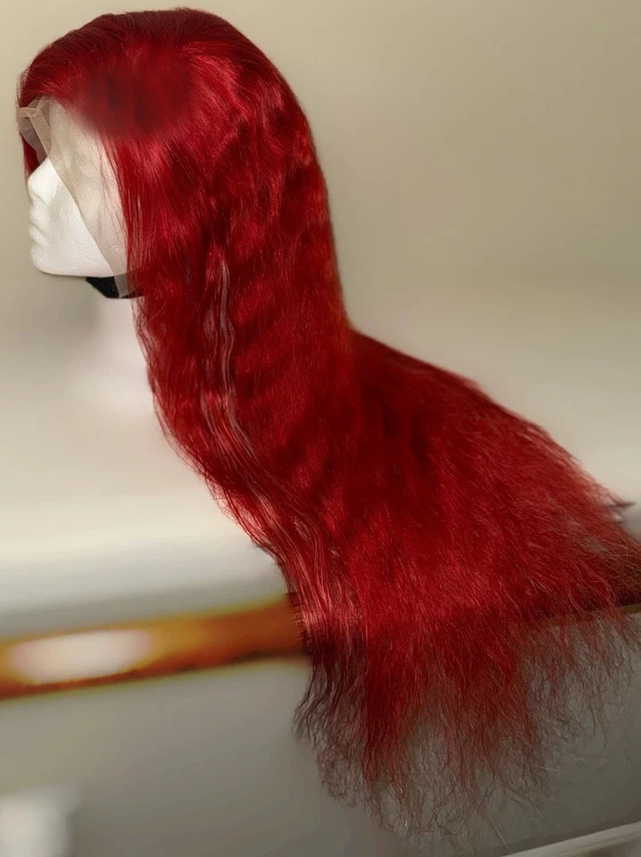 Preciosa peluca cosplay, roja brillante con reflejos rubios, onda corporal, 100 % cabello humano Foto 1 de 4