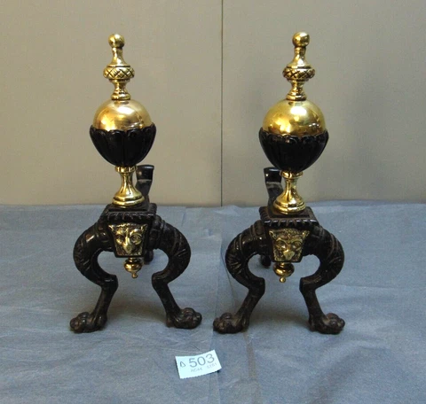 13" Antique Brass & Wrought Iron Andirons Dogs Fire / Log Inglenook ref 503D Cover