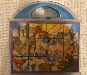12-piece Wooden Picture Cube Puzzle Carrying Case Desert Whale Summer Insects - Picture 1 of 10