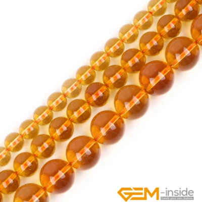 GEM-INSIDE Yellow Citrine Clear Crystal Quartz Gemstone Round Beads Jewellery Making 15" UK