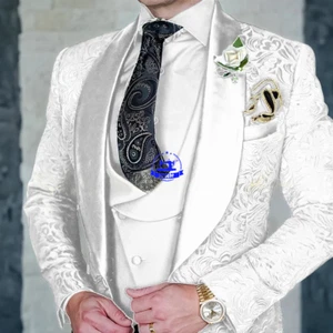 Jacquard Men's 3-piece Suit Set Floral Pattern Party Dress Formal Groom's Tuxedo - Picture 1 of 26