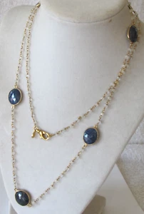 SB Sterling 925 Sapphire Faceted Bezel Set Bead Rosary Chain 34" Necklace A9 - Picture 1 of 5