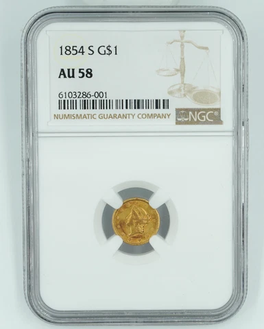 1854-S NGC AU58 Gold Dollar $1 Cover