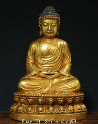 Estatua de Buda Shakyamuni Sakyamuni Amitabha dorado bronce puro tibetano antiguo de 11,4" Foto 1 de 4
