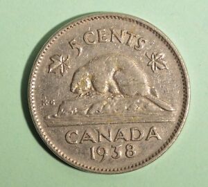 1938 Canada 5 Cent - Nickel - Circulated - Nice Coin Album Collectable