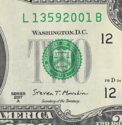 2001 Year Note Birth/Anniv/Grad/TombTwo Dollar Bill 2017A L13592001B CU San Fran - Image 1 of 4