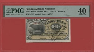 PARAGUAY 10 CENTAVOS 1886 BANCO NACIONAL PICK # S142a PMG 40 EXTREMELY FINE. - Imagen 1 de 2