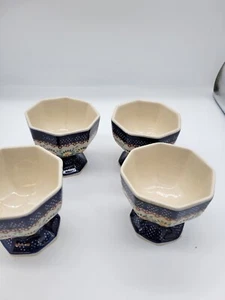 Vtg. Boleslawiec Polish Folk Stoneware Pottery Footed Pedestal Ice Cream Bowls - Picture 1 of 5